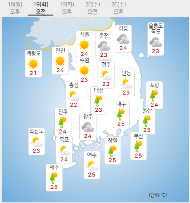 ▲ 7월 19일 오전 날씨. ⓒ기상청