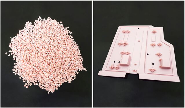 ▲ 금호석유화학의 PCR PS 소재(좌)와 PCR PS로 제작된 냉장고용 홀더브라켓 부품(우). ⓒ금호석유화학 제공