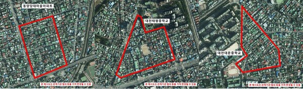 ▲ 소규모주택정비 관리지역 후보지 위치도. 왼쪽부터 유천동-태평동-문화동.ⓒ대전시