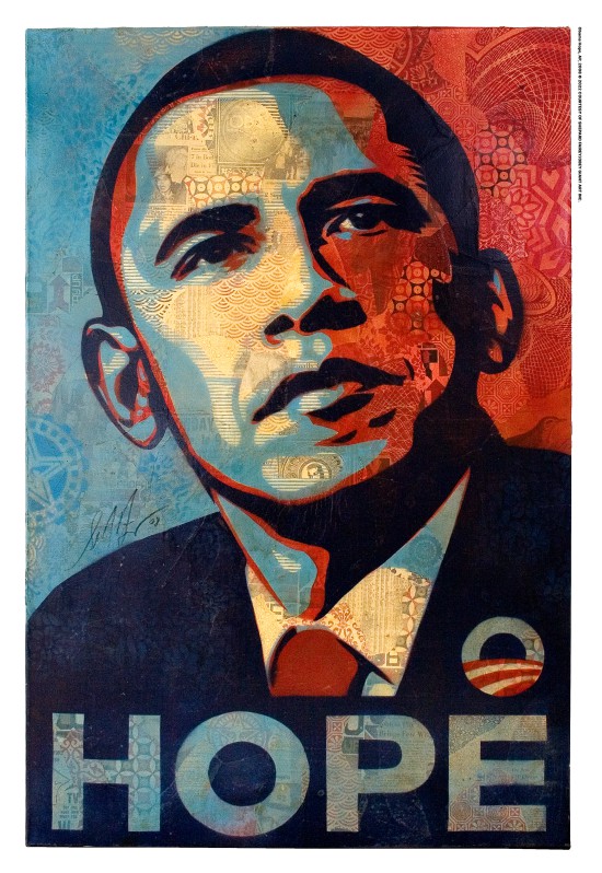 ▲ 2008년 미국 대선 후보였던 버락 오바마의 초상을 그린 'Hope(희망)' 포스터.ⓒ롯데문화재단