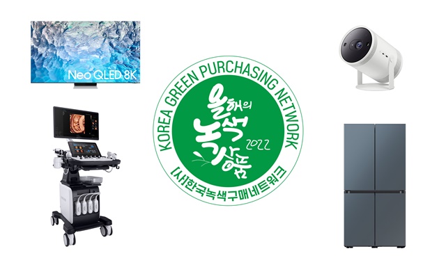 ▲ (사진 왼쪽 위부터 시계방향으로) Neo QLED 8K TV, 포터블 스크린 '더 프리스타일', 비스포크 냉장고 4도어, 초음파 영상 진단 시스템 'V7'. ⓒ삼성전자