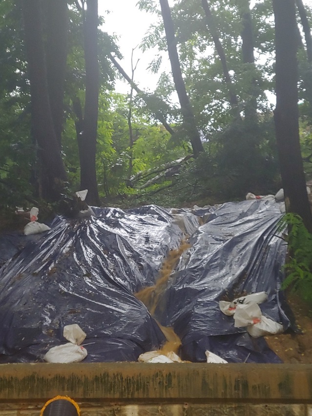 ▲ 충남 천안시 동남구 일봉산 자락에 임시 방편으로 토사유출을 막기 위해 방사포를 덮어놓고 있다. 11일 집중호우가 내리자 또 토사가 유출됐다.ⓒ독자제공