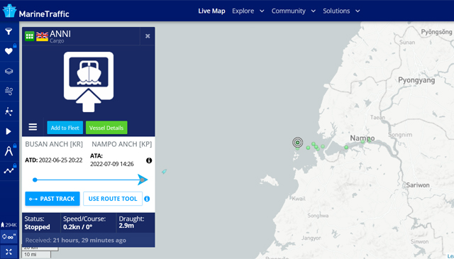 ▲ 8월 16일 현재 '안니'호의 위치. VOA 보도처럼 북한 남포항 인근 해역에 떠 있다. ⓒ마린트래픽 관련화면 캡쳐.