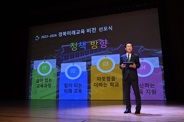 ▲ 임종식 경북교육감이 17일 경상북도교육청문화원 대공연장에서 경상북도의회 의원, 학생, 학부모, 교직원, 지역민 등 700여 명이 참석한 가운데 ‘2023-2026 경북미래교육 비전’을 발표하고 있다.ⓒ경북교육청