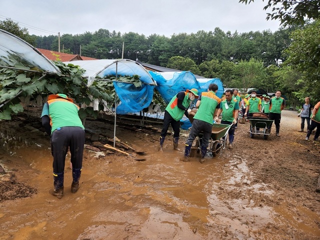 ▲ 세종시자율방재단이 충남 부여군을 찾아 수해 피해 현장에서 구슬땀을 흘리고 있다.ⓒ세종시