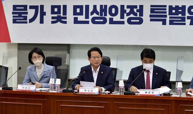 ▲ 국민의힘 물가 및 민생안정특별위원회 회의가 23일 서울 여의도 국회 의원회관에서 열린 가운데 류성걸(가운데) 위원장이 발언하고 있다.ⓒ뉴시스(공동취재사진)