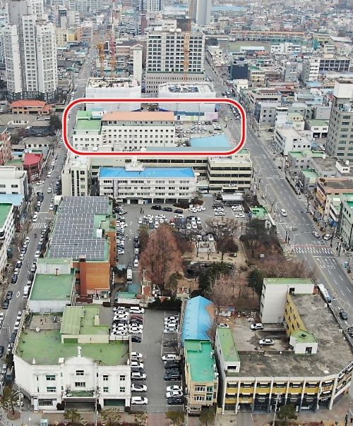 ▲ 청주시청사와 청주병원(빨간 테두리)ⓒ청주시