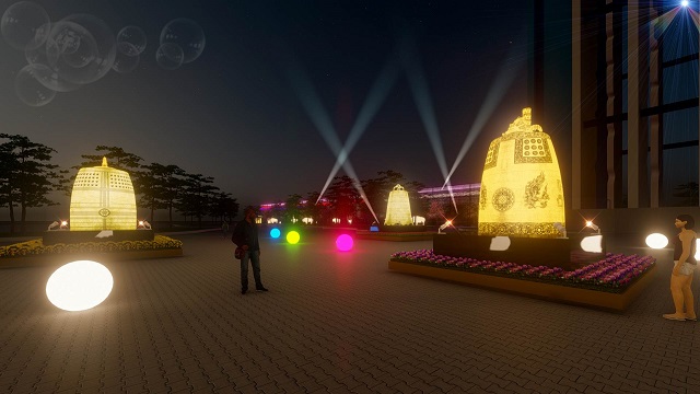 ▲ 한·중·일을 대표하는 종을 대형 등으로 만든 가상 전시 이미지.ⓒ경주엑스포