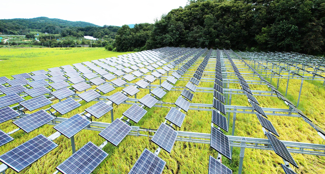 ▲ 경상남도 함양군에 위치한 기동마을 영농형태양광 발전소 전경. ⓒ한화큐셀 제공