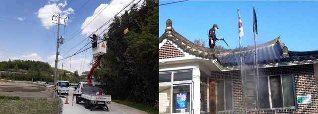 ▲ (왼쪽부터)태양광 발전 수익을 통해 마을 공동 CCTV를 설치하고 마을회관 지붕을 도색하는 모습. ⓒ한화큐셀 제공