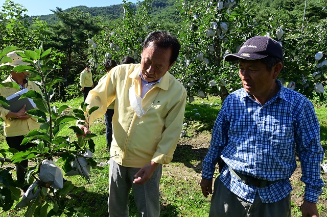 ▲ 박현국 군수는 제11호 태풍 ‘힌남노’로 피해를 입은 농가를 방문해 피해 현장을 둘러보며 신속한 응급복구를 약속했다.ⓒ봉화군