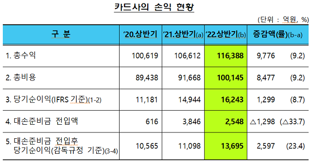 ▲ 올해 상반기 카드사 영업실적.ⓒ금융감독원