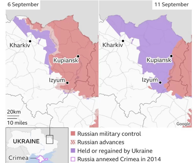▲ 우크라이나 당국이 9월 초 이후 수복했다는 영토. 6000㎢ 면적으로 서울의 10배 수준이다. ⓒ英BBC 관련보도 캡쳐-구글 지도