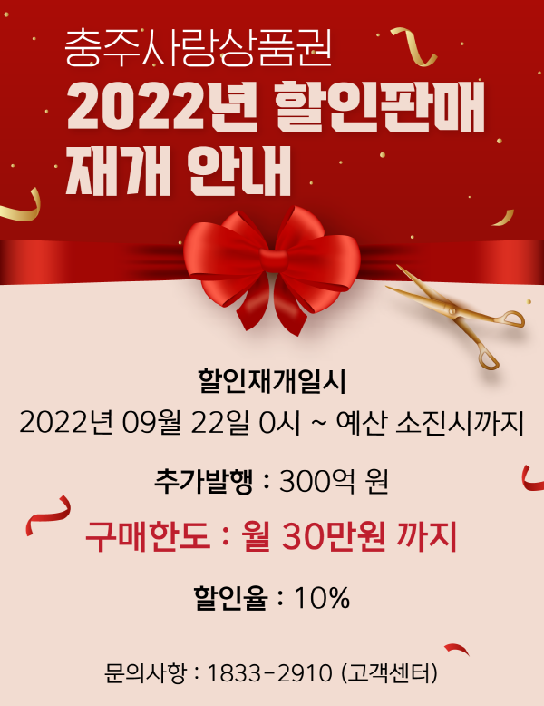 ▲ 충주시는 충주사랑상품권 할인판매를 오는 22일부터 판매를 재개한다.ⓒ충주시