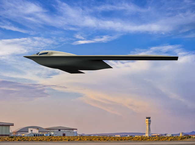 ▲ 에드워드 공군기지에서 이륙하는 B-21 스텔스 폭격기 일러스트. ⓒ미공군 제공.