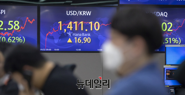 ▲ 원·달러 환율이 1,400원을 돌파한 22일 오후 서울 중구 명동 하나은행 딜링룸 전광판에 환율이 나오고 있다.ⓒ이종현 기자