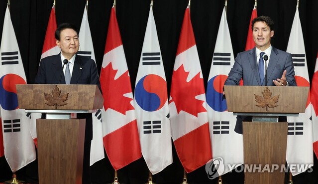 ▲ 쥐스탱 트뤼도 캐나다 총리가 23일(현지시간) 캐나다 오타와 맥도날드경 빌딩에서 열린 한-캐나다 정상 공동기자회견에서 발언하고 있다. ⓒ연합뉴스