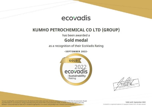 ▲ 금호석유화학 에코바디스 골드 등급 인증서. ⓒ금호석유화학 제공