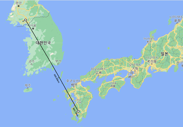 ▲ 개성이 있는 황해남도 일대에서 800km 거리면 일본 규슈 일부까지 포함한다. ⓒ구글 지도 거리측정 캡쳐.