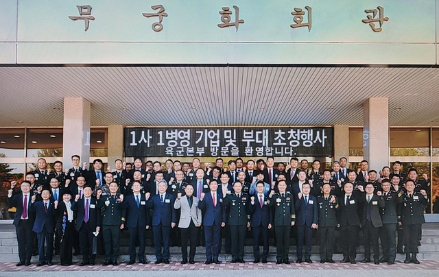 ▲ 지난 13일 충청남도 계룡대에서 육군 주관으로 열린 ‘1사1병영 기업 및 부대 대표자 간담회’에서 관계자들이 기념촬영을 하고 있다.ⓒ현대로템