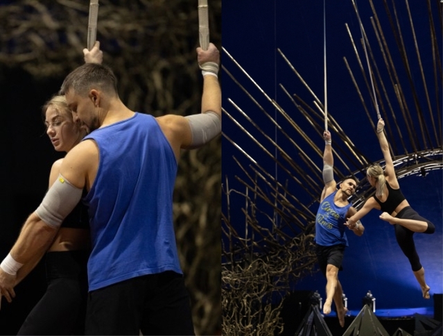▲ 실제 부부인 알렉세이 투르첸코와 율리아 마케에바가 태양의서커스 '뉴알레그리아'에서 선보일 장면 '에어리얼 스트랩스'를 연습하고 있다.ⓒ마스트엔터테인먼트