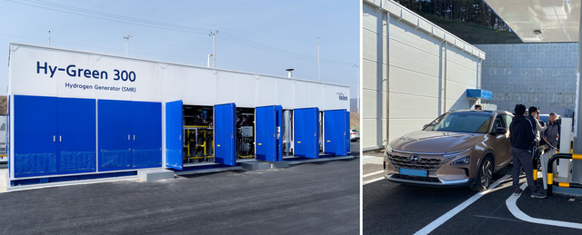 ▲ 충주 바이오 그린수소 충전소에 설치된 현대로템 수소추출기(좌), 현대로템수소추출기가 설치된 삼척수소충전소(우).ⓒ현대로템