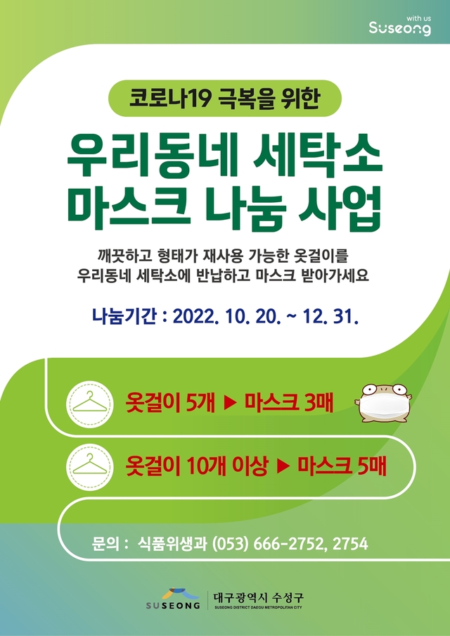 ▲ 대구 수성구(구청장 김대권)는 겨울철 코로나19 재유행 대비를 위한 ‘우리 동네 세탁소 마스크 나눔’ 사업을 오는 20일부터 올 연말까지 실시한다고 18일 밝혔다.ⓒ수성구