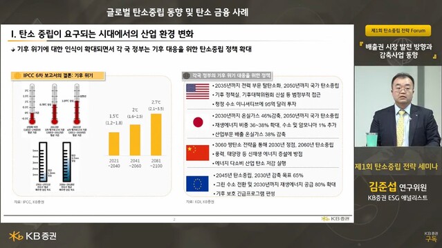 ▲ 19일 탄소배출권 할당대상업체 등 시장 참여자를 대상으로 한 ‘제1회 탄소중립 전략 포럼’에서 KB증권 ESG 애널리스트 김준섭 연구위원이 강연을 진행하고 있다. ⓒKB증권