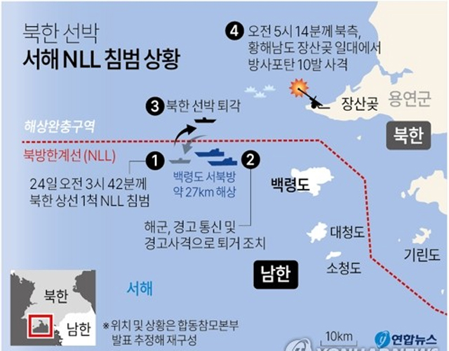 ▲ 24일 오전 3시 42분 北상선의 NLL 침범부터 우리 해군의 퇴거 조치, 北의 방사포 사격까지 과정. ⓒ연합뉴스. 무단전재 및 재배포 금지.