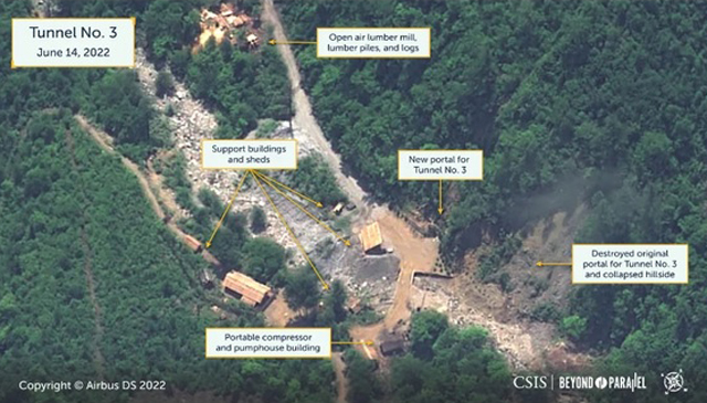 지난 6월 美CSIS의 '분단을 넘어서'가 보고서를 통해 공개한 북한 풍계리 핵실험장 3번 갱도 주변 위성사진. ⓒ美CSIS 분단을 넘어서 관련보고서 캡쳐.
