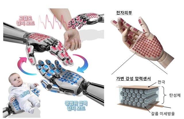 ▲ 그림 1. 전자피부의 전환 가능한 두 가지 모드. 고감도 감지 모드와 광범위 압력 감지 모드와 그 활용에 대한 개념도 (좌). 가변 강성 압력 센서 2-D 어레이를 활용해 제작한 전자피부 사진 (상)과 가변 강성 압력 센서 개념도(하).ⓒKAIST