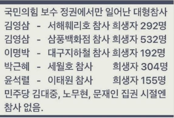 ▲ 보수정권에서만 대형참사가 일어났다는 가짜뉴스를 퍼트리고 있는 인터넷 지라시. ⓒSNS 캡처