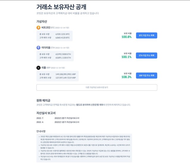 ▲ 거래소 보유자산 내역 공개 홈페이지 화면. ⓒ코빗