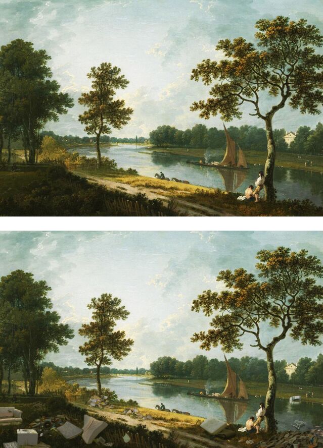 ▲ 디지털 아티스트 쿠엔틴 디바인이 재해석한 명화 '트위크넘 마블 힐 근처의 템스강'(아래). ⓒ삼성