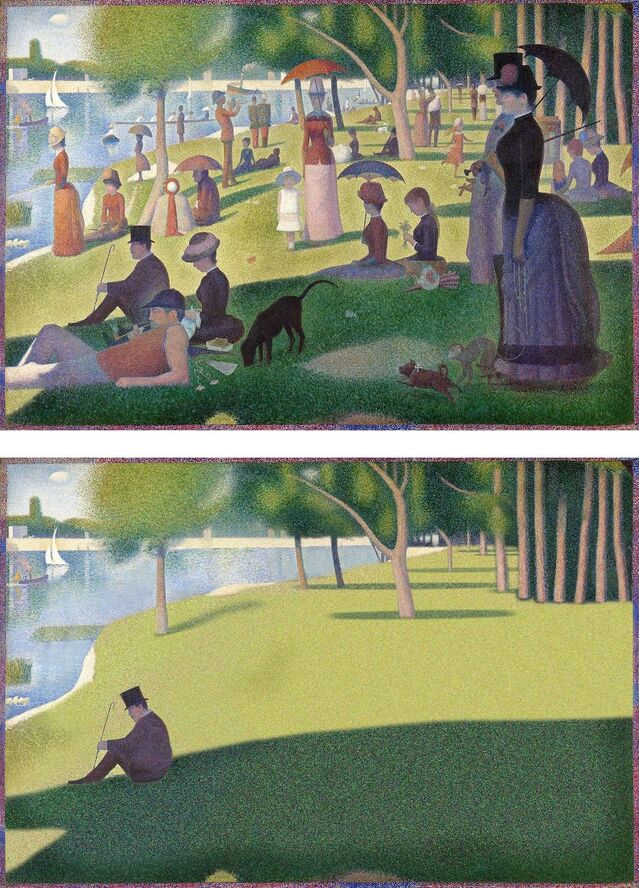 ▲ 디지털 아티스트 쿠엔틴 디바인이 재해석한 명화 '그랑드 자트 섬의 일요일 오후'(아래). ⓒ삼성