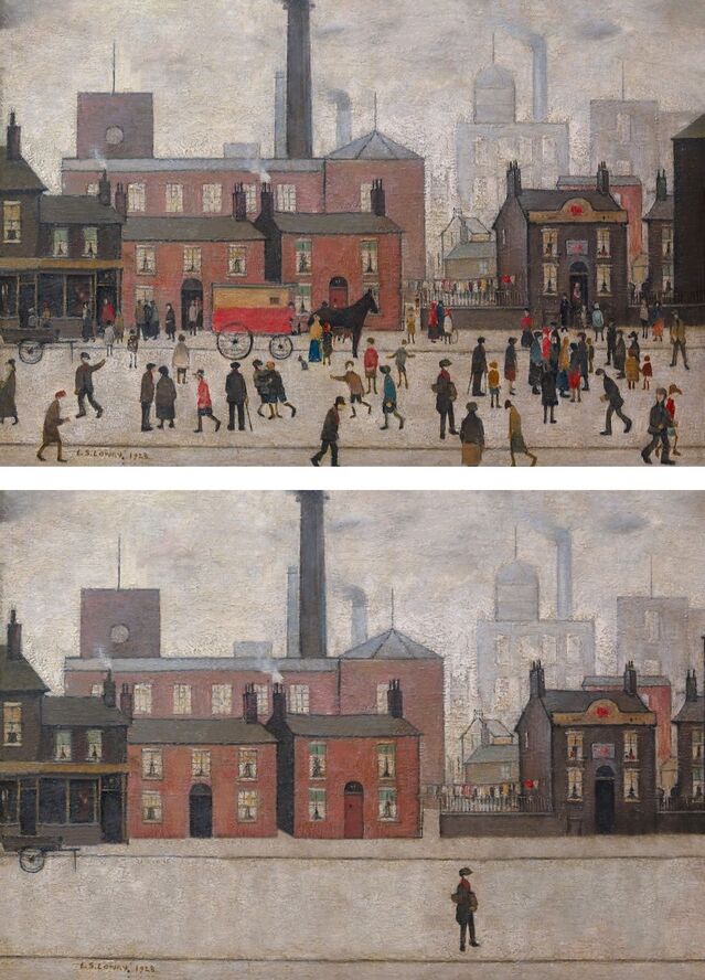 ▲ 디지털 아티스트 쿠엔틴 디바인이 재해석한 명화 '공장에서 집으로 가는 길'(아래). ⓒ삼성