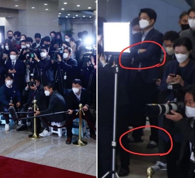 ▲ 지난 18일 오전 윤석열 대통령의 도어스테핑 자리에서 대통령실 관계자와 '설전'을 벌인 MBC 기자(사진 우측). ⓒ김종혁 국민의힘 비상대책위원 페이스북 캡처.