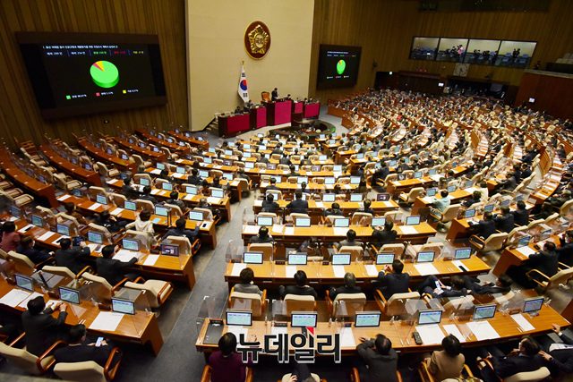 ▲ 용산 이태원 참사 진상규명과 재발방지를 위한 국정조사 계획서 승인의 건이 24일 국회에서 열린 본회의에서 가결되고 있다.ⓒ이종현 기자