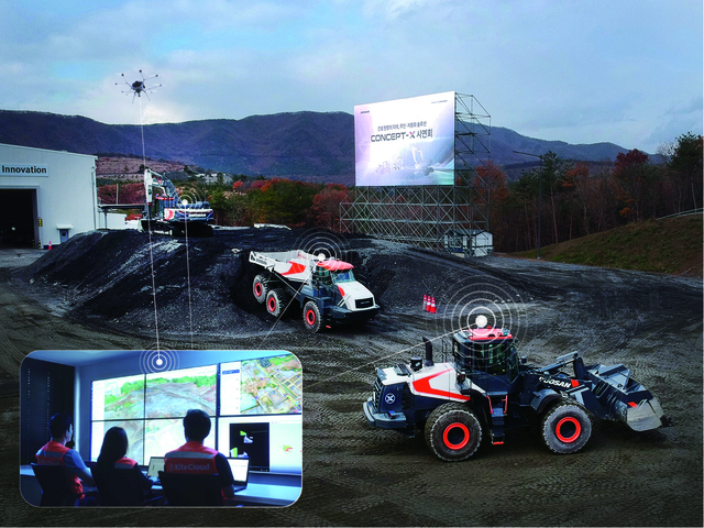 ▲ 현대두산인프라코어가 2019년 세계 최초로 시연에 성공한 건설장비 무인 자동화 솔루션 Concept-X 모습. ⓒ현대제뉴인