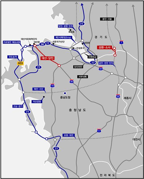 ▲ 대산~당진 고속도로, 성환~소사 국도 연계 도로망(계획).ⓒ충남도