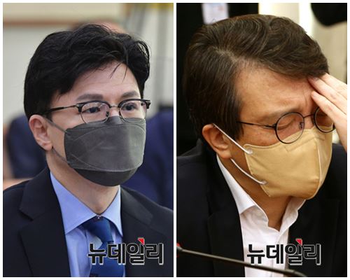 한동훈 법무부 장관(왼쪽)과 김의겸 더불어민주당 의원의 모습. ⓒ이종현 기자