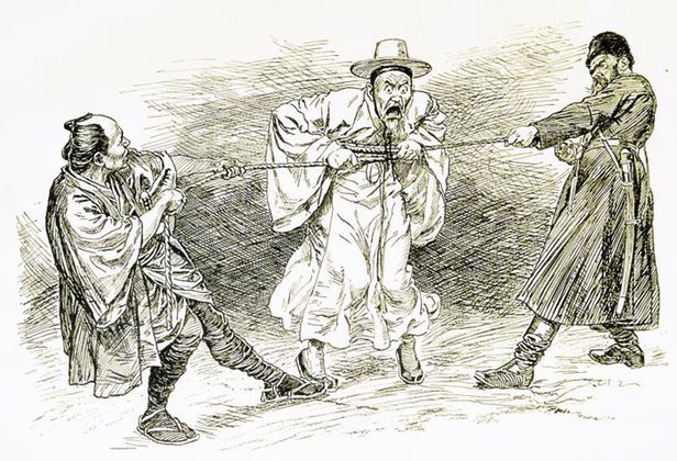 ▲ 1904년 2월 3일 자 영국 잡지 '펀치(Punch)' 삽화. 러·일 양국이 조선 노인의 허리를 밧줄로 조이는 장면. 러일전쟁에 '엄정중립'(Strict Neutrality)을 선언한 조선을 풍자.