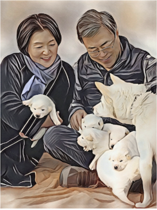 ▲ 문재인 전 대통령과 부인 김정숙 여사가 북한 김정은 국무위원장으로부터 2018년 선물 받아 기르다가 최근 정부에 반납한 풍산개를 돌보는 모습이 담긴 달력 삽화. ⓒ텀블벅 홈페이지 갈무리