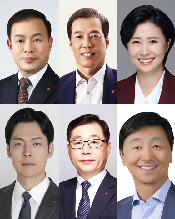 ▲ 윗줄 왼쪽에서부터 이훈기 롯데지주 ESG 경영혁신실장 사장, 이완신 롯데그룹 호텔군 총괄대표, 김혜주 롯데멤버스 대표. 아랫줄 왼쪽에서 부터 신유열 롯데케미칼 상무, 박현철 롯데건설 대표 부회장, 이창엽 롯데제과 대표 내정 부사장. ⓒ롯데