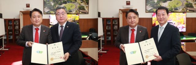 ▲ 김영환 충북지사가 20일 도청 여는마당에서 김주신 극동대학교 부총장(사진 왼쪽)과 박경로 전 대통령비서실 선임국장에게 충북도 특별보좌관 위촉장을 전달했다.ⓒ충북도