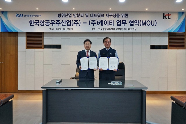 ▲ 방위산업 망분리 및 네트워크 재구성을 위한 KAI-KT 업무협약식 (좌측에 KT Enterprise 신수정 부문장, 우측에 KAI 강구영 사장) ⓒKAI