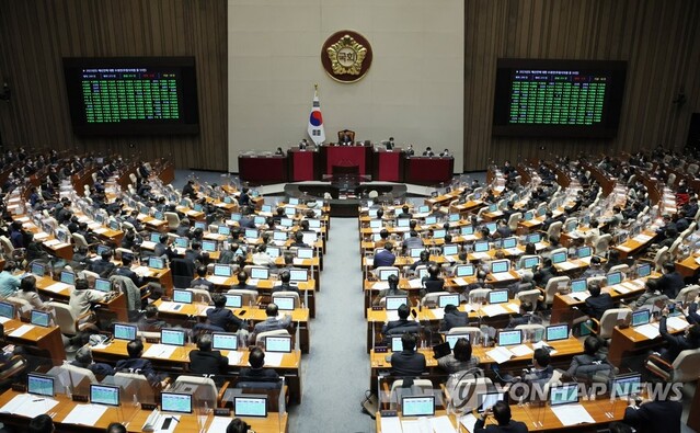 ▲ 24일 새벽 국회 본회의에서 2023년도 예산안에 대한 수정안이 의결 통과되고 있다. ⓒ연합뉴스