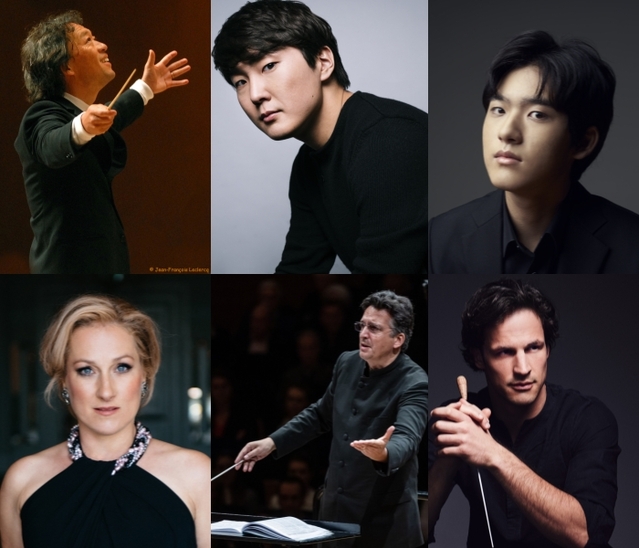 ▲ 위 왼쪽부터 시계방향으로 정명훈·조성진·임윤찬·안드레아스 오텐잠머·미하엘 잔데를링·디아나 담라우.ⓒ롯데콘서트홀