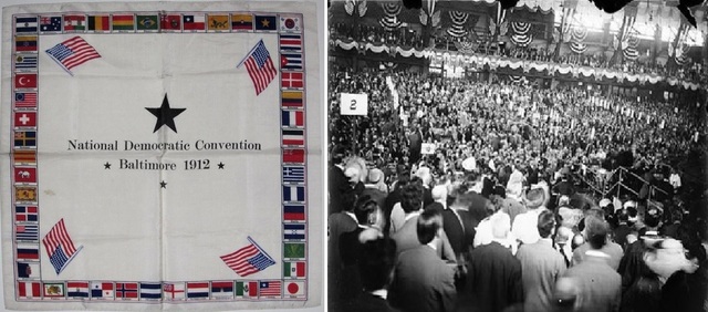 ▲ 1912년 7월 미국 볼티모어에서 열린 민주당 대통령후보 선출 전당대회(오른쪽)에 이승만은 윌슨과 함께 참관. 왼쪽 대회기념 보자기 오른쪽위 모서리에 태극기. 한일병탄으로 없어진 나라 국기를 그대로 넣었다.ⓒ뉴데일리DB