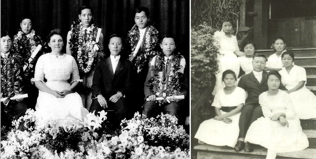 ▲ 한국중앙학원 첫 졸업생들과 교장 이승만(왼쪽), 오른쪽사진은 1918년 한국기독학원 여학생들과 이승만.ⓒ연세대이승만연구원